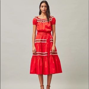 Tory Burch Embellished Rickrack-trimmed Cotton Poplin Red Dress XL